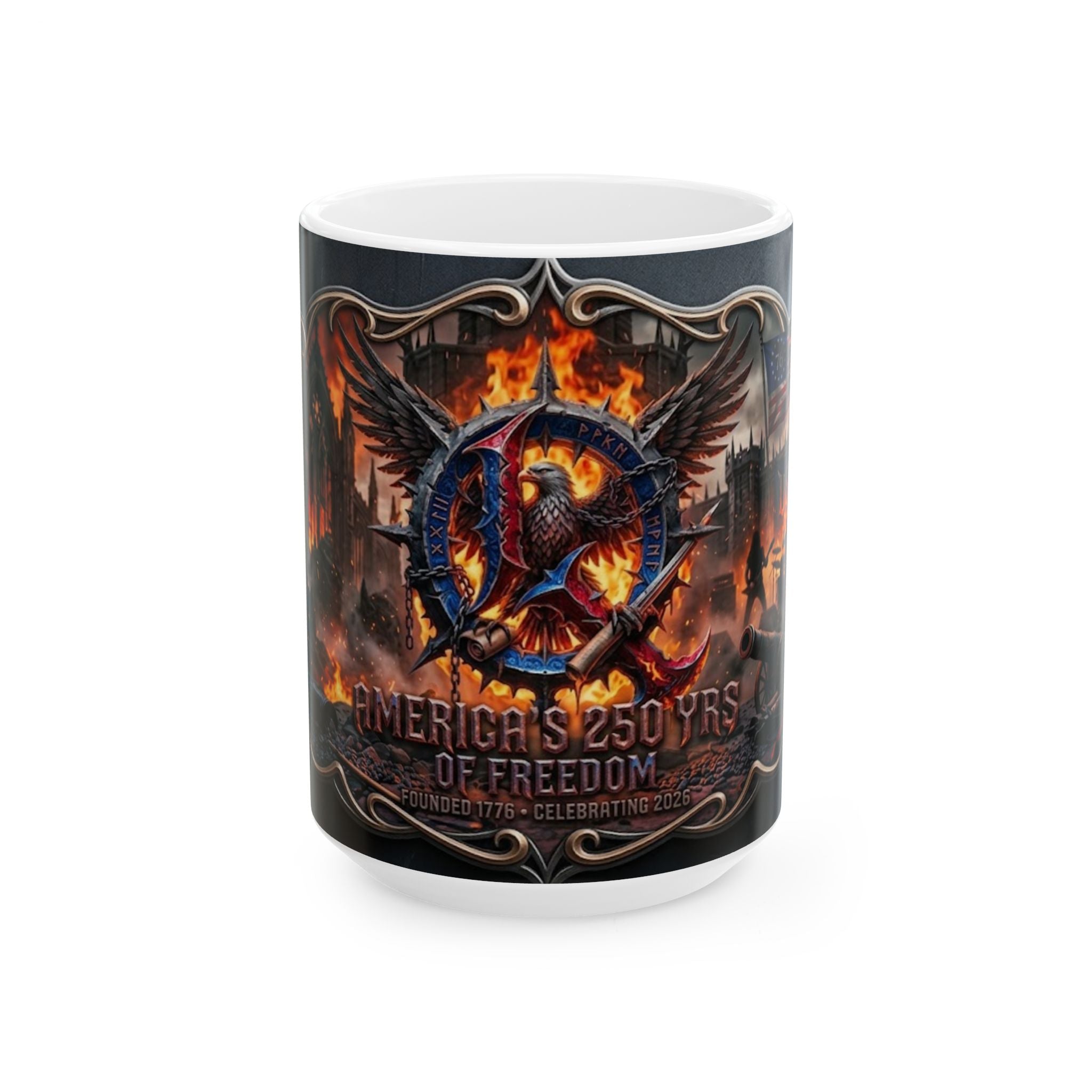 Patriotic Eagle Flame Ceramic Mug – 'America's 250 Yrs of Freedom' Memorial Coffee Cup