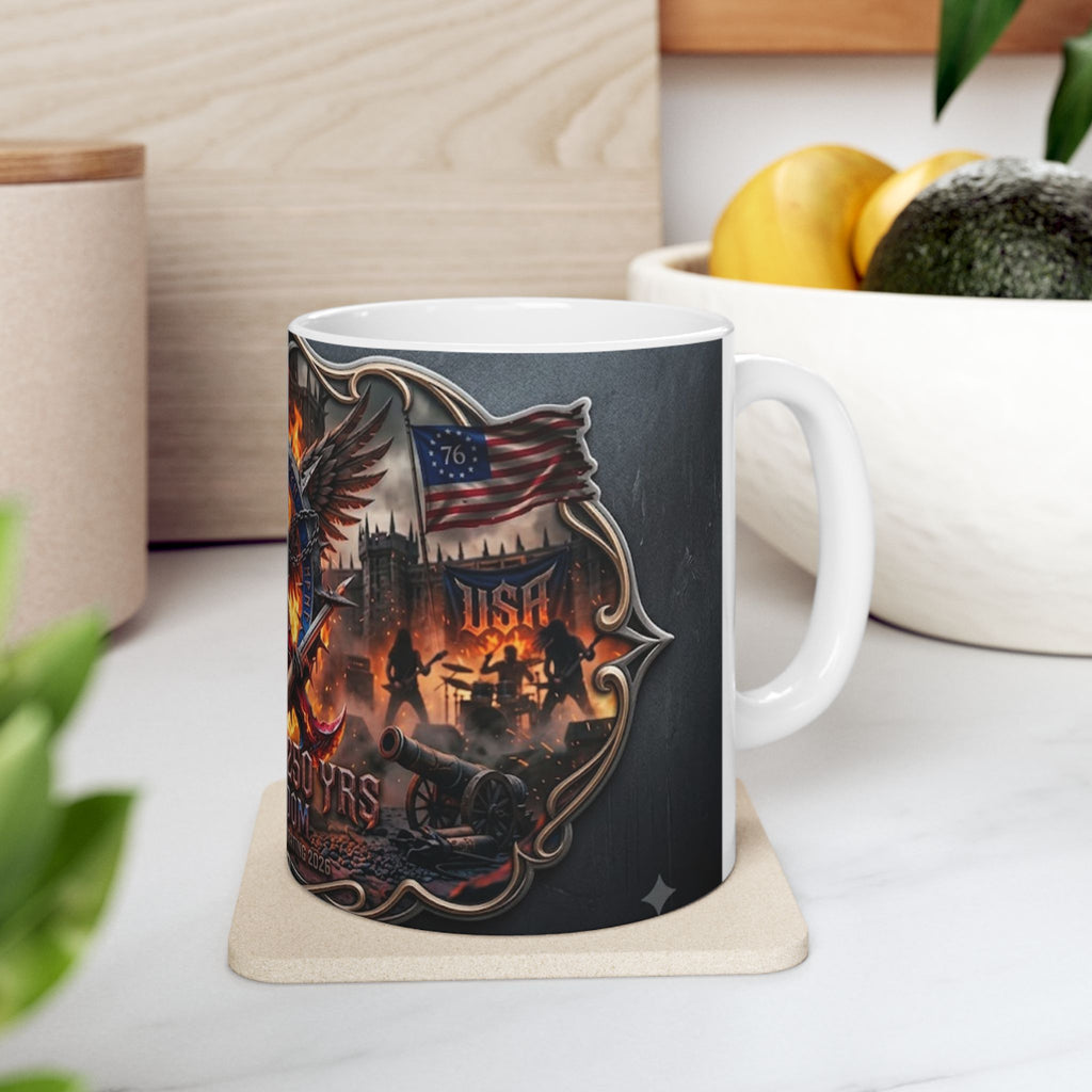 Patriotic Eagle Flame Ceramic Mug – 'America's 250 Yrs of Freedom' Memorial Coffee Cup
