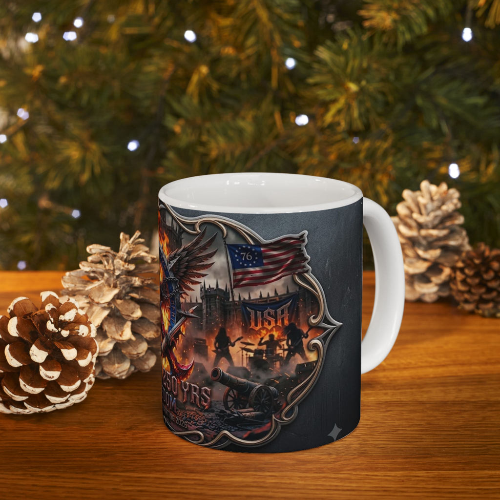Patriotic Eagle Flame Ceramic Mug – 'America's 250 Yrs of Freedom' Memorial Coffee Cup