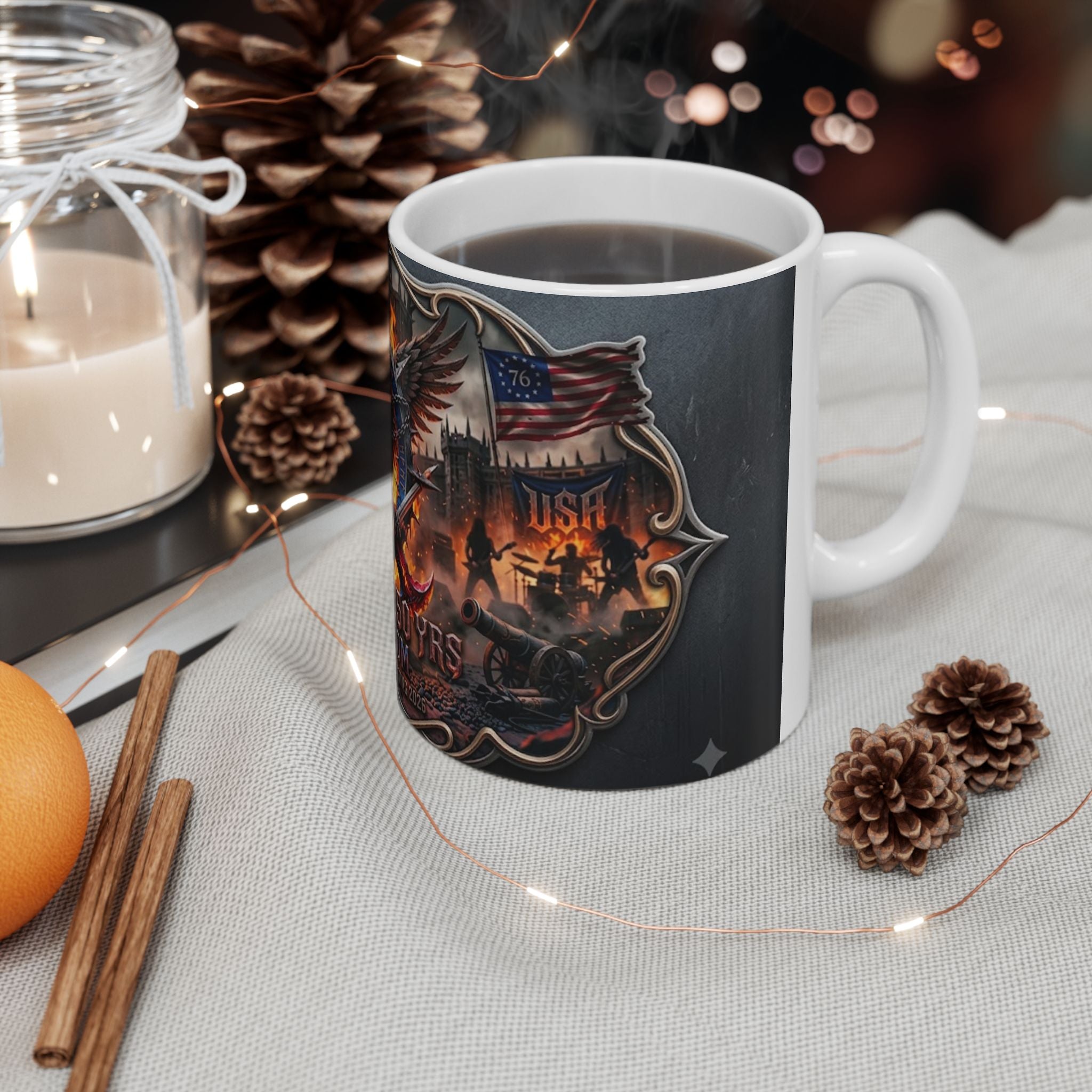 Patriotic Eagle Flame Ceramic Mug – 'America's 250 Yrs of Freedom' Memorial Coffee Cup