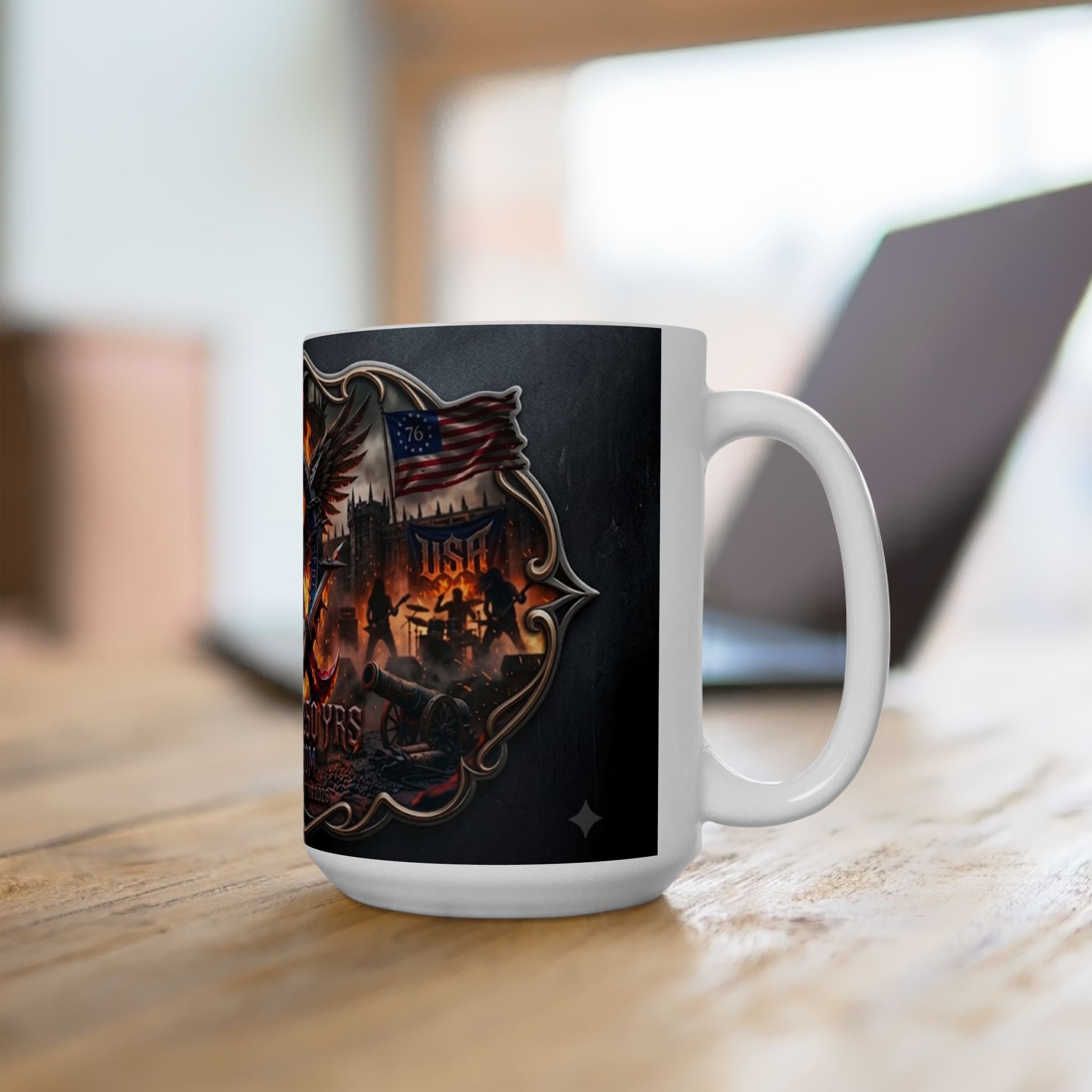 Patriotic Eagle Flame Ceramic Mug – 'America's 250 Yrs of Freedom' Memorial Coffee Cup