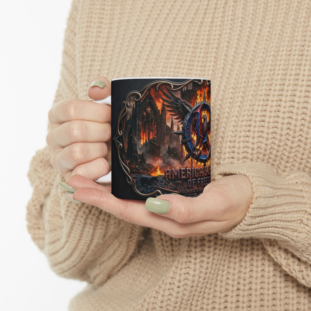 Patriotic Eagle Flame Ceramic Mug – 'America's 250 Yrs of Freedom' Memorial Coffee Cup