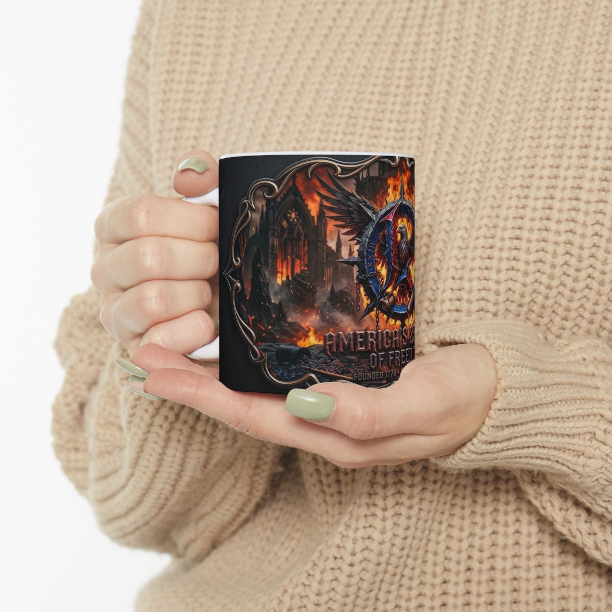 Patriotic Eagle Flame Ceramic Mug – 'America's 250 Yrs of Freedom' Memorial Coffee Cup