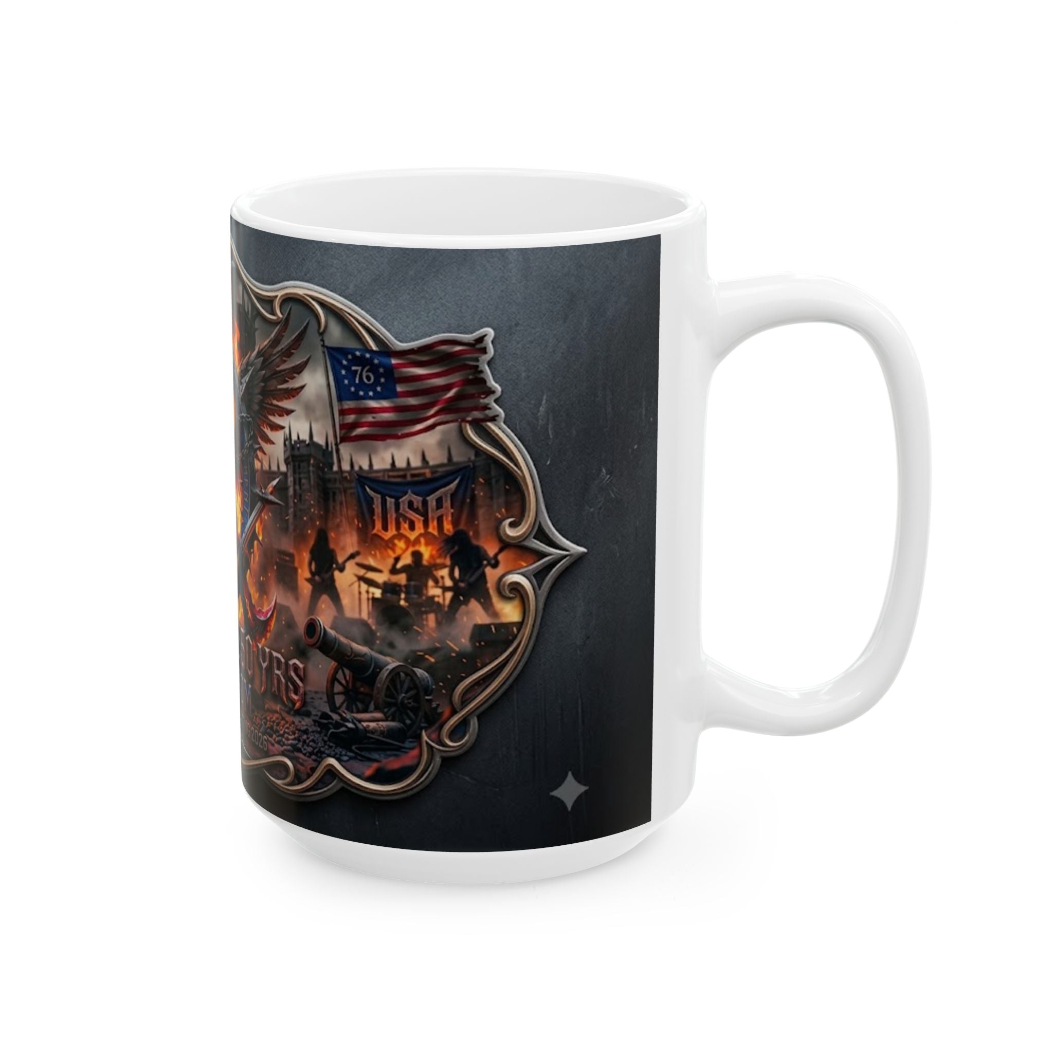 Patriotic Eagle Flame Ceramic Mug – 'America's 250 Yrs of Freedom' Memorial Coffee Cup